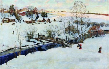 Landscapes Painting - the winter little bridge 1914 Konstantin Yuon snow landscape